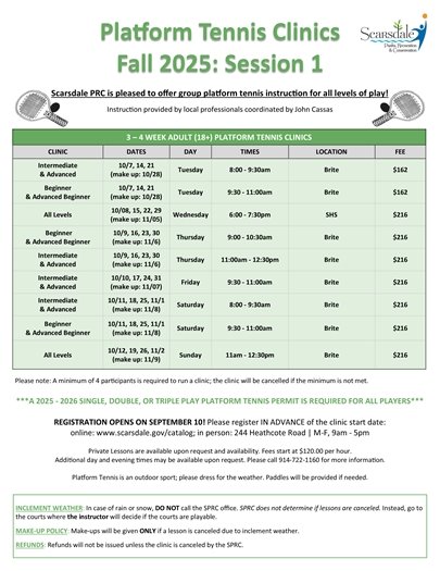 Fall 2025 Adult Platform Tennis Clinics