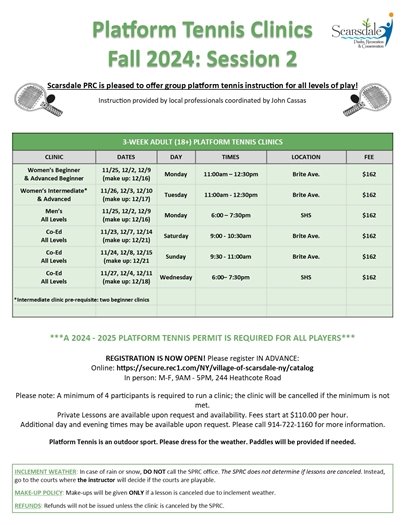 2024 Fall Session 2 Platform Tennis Clinics - Registration Starts Today 11/8/2024